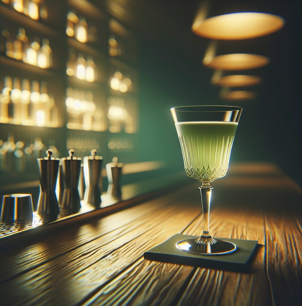 A pale green cocktail in a cut-glass coupe on a wooden bar