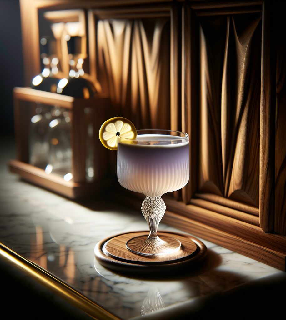 A pale purple cocktail with a lemon wheel garnish on a marble counter